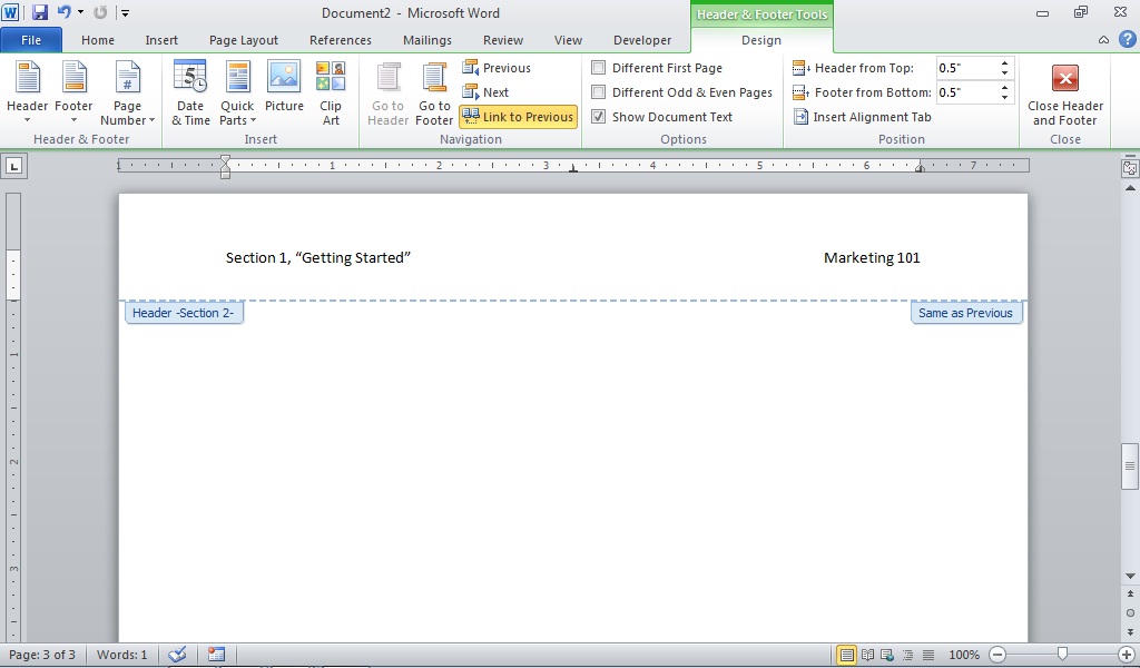 how to insert header only on first page in word 2010